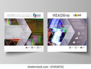 Business templates for square design brochure, flyer, report. Leaflet cover, abstract vector layout. Glitched background made of colorful pixel mosaic. Digital decay, signal error, television fail.