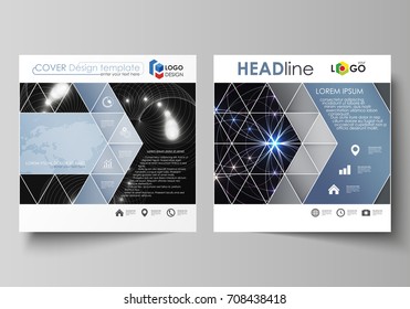 Business templates for square design brochure, magazine, flyer, booklet or annual report. Leaflet cover, abstract vector layout. Sacred geometry, glowing geometrical ornament. Mystical background