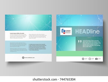 Business templates for square design brochure, flyer. Leaflet cover, abstract vector layout. Chemistry pattern, connecting lines and dots, molecule structure, medical DNA research. Medicine concept.