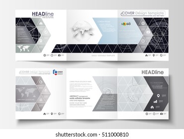 Business templates for square tri fold brochures. Leaflet cover, flat layout, easy editable vector. High tech design, connecting system. Science and technology concept. Futuristic abstract background.