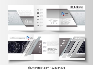 Business templates for square tri fold brochures. Leaflet cover, flat layout, easy editable vector. High tech design, connecting system. Science and technology concept. Futuristic abstract background