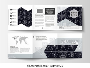 Business templates for square tri fold brochures. Leaflet cover, flat layout, easy editable vector. High tech design, connecting system. Science and technology concept. Futuristic abstract background.