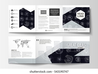 Business templates for square tri fold brochures. Leaflet cover, flat layout, easy editable vector. High tech design, connecting system. Science and technology concept. Futuristic abstract background