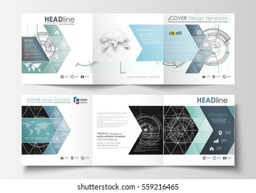 Business templates for square tri fold brochures. Leaflet cover, flat layout, easy editable vector. High tech design, connecting system. Science and technology concept. Futuristic abstract background.