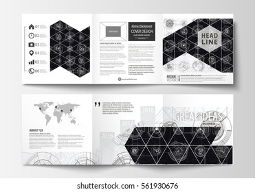 Business templates for square tri fold brochures. Leaflet cover, flat layout, easy editable vector. High tech design, connecting system. Science and technology concept. Futuristic abstract background