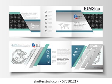 Business templates for square tri fold brochures. Leaflet cover, flat layout, easy editable vector. High tech design, connecting system. Science and technology concept. Futuristic abstract background