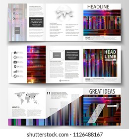 Business templates for tri fold brochures. Square design. Leaflet cover, abstract vector layout. Glitched background made of colorful pixel mosaic. Digital decay, signal error. Trendy glitch backdrop.