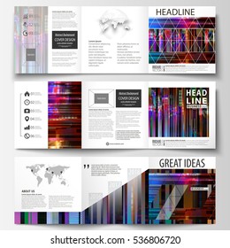 Business templates for tri fold brochures. Square design. Leaflet cover, abstract vector layout. Glitched background made of colorful pixel mosaic. Digital decay, signal error. Trendy glitch backdrop.