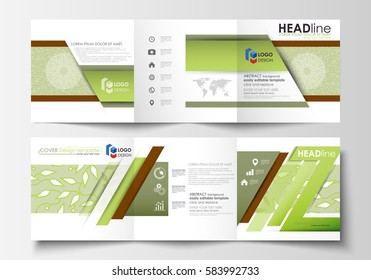 Business templates, tri fold brochures. Square design. Leaflet cover, flat vector layout. Green color background with leaves. Spa concept in linear style. Decoration for cosmetics, beauty industry