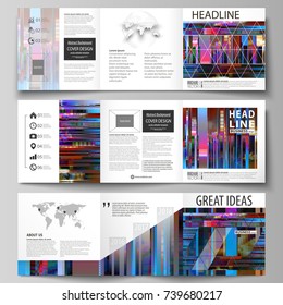 Business templates for tri fold brochures. Square design. Leaflet cover, abstract vector layout. Glitched background made of colorful pixel mosaic. Digital decay, signal error. Trendy glitch backdrop.