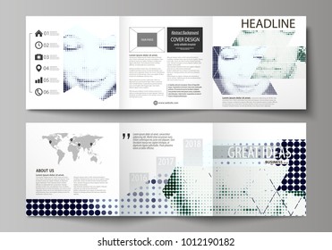 Business templates for tri fold square design brochures. Leaflet cover, vector layout. Halftone dotted background, retro style grungy pattern, vintage texture. Halftone effect with black dots on white
