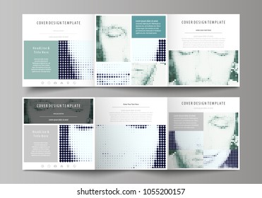 Business templates for tri fold square design brochures. Leaflet cover, vector layout. Halftone dotted background, retro style grungy pattern, vintage texture. Halftone effect with black dots on white