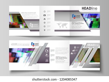Business templates for tri fold square design brochures. Leaflet cover, abstract vector layout. Glitched background made of colorful pixel mosaic. Digital decay, signal error, television fail.