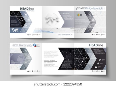 Business templates for tri fold square design brochures. Leaflet cover, vector layout. Abstract infographic background in minimalist style made from lines, symbols, charts, other elements.