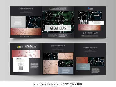Business templates for tri fold square design brochures. Leaflet cover, vector layout. Chemistry pattern, molecular texture, polygonal molecule structure, cell. Medicine, science, microbiology concept