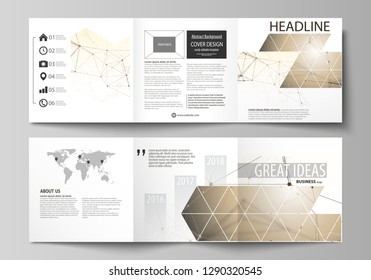 Business templates for tri fold square design brochures. Leaflet cover, easy editable vector layout. Technology, science, medical concept. Golden dots and lines, cybernetic digital style. Lines plexus
