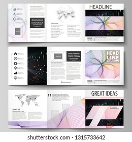 Business templates for tri fold square design brochures. Leaflet cover, vector layout. Colorful abstract infographic background in minimalist style made from lines, symbols, charts, other elements.