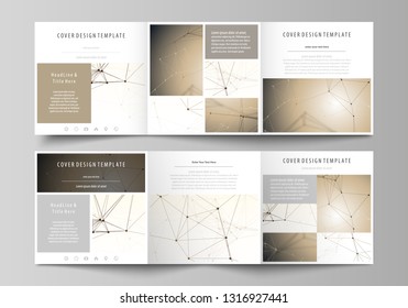 Business templates for tri fold square design brochures. Leaflet cover, easy editable vector layout. Technology, science, medical concept. Golden dots and lines, cybernetic digital style. Lines plexus