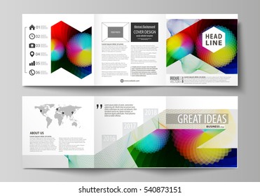 Business templates for tri fold square brochures. Leaflet cover, flat layout, easy editable vector. Colorful design with overlapping geometric shapes and waves forming abstract beautiful background