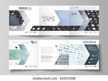 Business templates for tri fold square design brochures. Leaflet cover, vector layout. Abstract soft color dots, dotted technology background. Multicolored particles, modern pattern, elegant texture