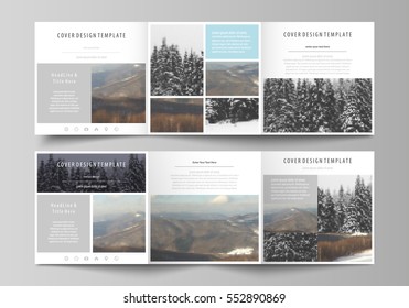 Business templates for tri fold square design brochures. Leaflet cover, flat layout, easy editable vector. Abstract landscape of nature. Dark color pattern in vintage style, mosaic texture.