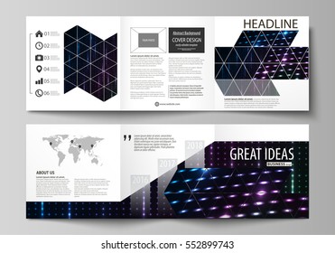 Business templates, tri fold square brochures. Leaflet cover, vector layout. Abstract colorful neon dots, dotted technology background. Glowing particles, led light pattern, futuristic digital design.