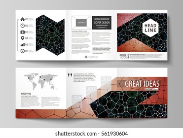 Business templates for tri fold square design brochures. Leaflet cover, vector layout. Chemistry pattern, molecular texture, polygonal molecule structure, cell. Medicine, science, microbiology concept