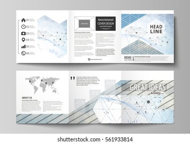 Business templates for tri fold square design brochures. Leaflet cover, vector layout. Blue color abstract infographic background in minimalist style made from lines, symbols, charts, other elements