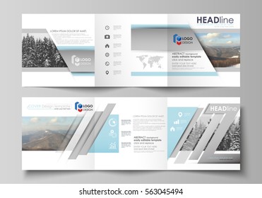 Business templates for tri fold square design brochures. Leaflet cover, flat layout, easy editable vector. Abstract landscape of nature. Dark color pattern in vintage style, mosaic texture.