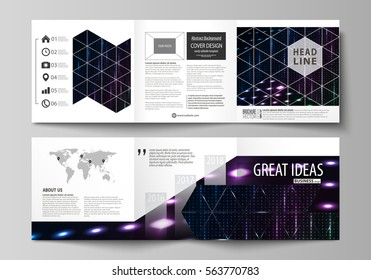 Business templates, tri fold square brochures. Leaflet cover, vector layout. Abstract colorful neon dots, dotted technology background. Glowing particles, led light pattern, futuristic digital design.