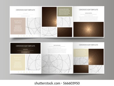 Business templates for tri fold square design brochures. Leaflet cover, abstract vector layout. Alchemical theme. Fractal art background. Sacred geometry. Mysterious relaxation pattern.