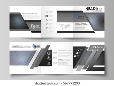 Business templates for tri fold square design brochures. Leaflet cover. Colorful dark background with abstract lines. Bright color chaotic, random, messy curves. Colourful vector layout