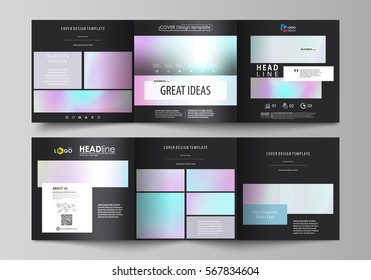 Business templates for tri fold square design brochures. Leaflet cover, abstract vector layout. Hologram, background in pastel colors, holographic effect. Blurred colorful pattern, futuristic texture