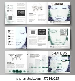 Business templates for tri fold square design brochures. Leaflet cover, vector layout. Halftone dotted background, retro style grungy pattern, vintage texture. Halftone effect with black dots on white