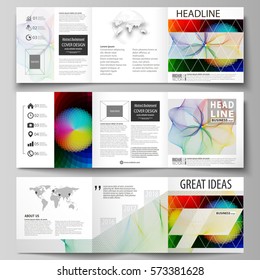Business templates for tri fold square brochures. Leaflet cover, flat layout, easy editable vector. Colorful design with overlapping geometric shapes and waves forming abstract beautiful background