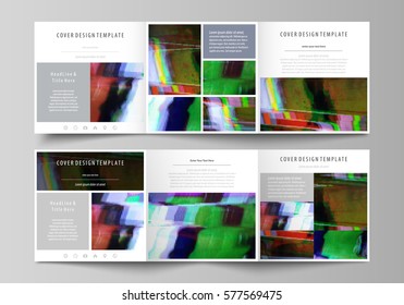 Business templates for tri fold square design brochures. Leaflet cover, abstract vector layout. Glitched background made of colorful pixel mosaic. Digital decay, signal error, television fail