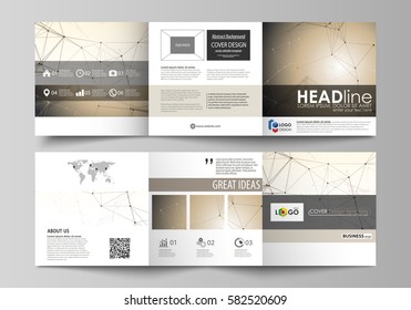 Business templates for tri fold square design brochures. Leaflet cover, easy editable vector layout. Technology, science, medical concept. Golden dots and lines, cybernetic digital style. Lines plexus