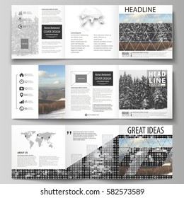 Business templates for tri fold square design brochures. Leaflet cover, flat layout, easy editable vector. Abstract landscape of nature. Dark color pattern in vintage style, mosaic texture.