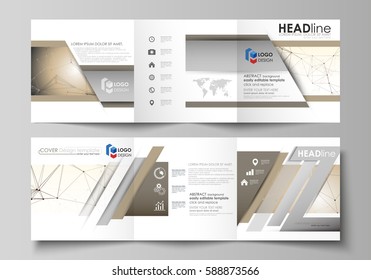 Business templates for tri fold square design brochures. Leaflet cover, easy editable vector layout. Technology, science, medical concept. Golden dots and lines, cybernetic digital style. Lines plexus