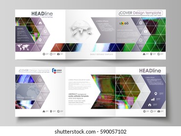 Business templates for tri fold square design brochures. Leaflet cover, abstract vector layout. Glitched background made of colorful pixel mosaic. Digital decay, signal error, television fail