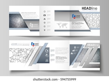 Business templates for tri fold square design brochures. Leaflet cover, vector layout. Chemistry pattern, molecular texture, polygonal molecule structure, cell. Medicine, science, microbiology concept