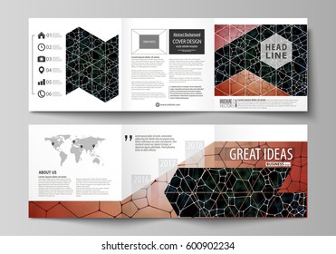 Business templates for tri fold square design brochures. Leaflet cover, vector layout. Chemistry pattern, molecular texture, polygonal molecule structure, cell. Medicine, science, microbiology concept