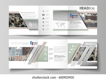 Business templates for tri fold square design brochures. Leaflet cover, abstract flat layout, easy editable vector. Colorful background made of dotted texture for travel business, urban cityscape.