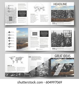 Business templates for tri fold square design brochures. Leaflet cover, flat layout, easy editable vector. Abstract landscape of nature. Dark color pattern in vintage style, mosaic texture.