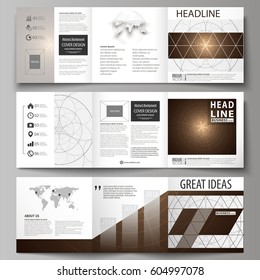 Business templates for tri fold square design brochures. Leaflet cover, abstract vector layout. Alchemical theme. Fractal art background. Sacred geometry. Mysterious relaxation pattern.