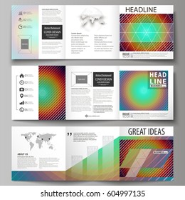 Business templates for tri fold square brochures. Leaflet cover, abstract vector layout. Minimalistic design with circles, diagonal lines. Geometric shapes forming beautiful retro background.