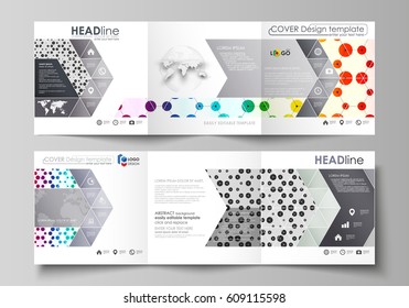 Business templates for tri fold square brochures. Leaflet cover, abstract vector layout. Chemistry pattern, hexagonal design molecule structure, medical DNA research. Geometric colorful background