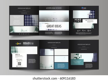 Business templates for tri fold square design brochures. Leaflet cover, vector layout. Halftone dotted background, retro style grungy pattern, vintage texture. Halftone effect with black dots on white