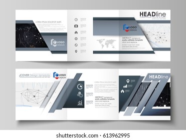 Business templates for tri fold square design brochures. Leaflet cover, vector layout. Abstract infographic background in minimalist style made from lines, symbols, charts, other elements.