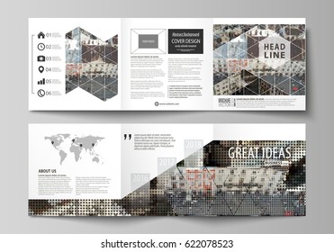 Business templates for tri fold square design brochures. Leaflet cover, abstract flat layout, easy editable vector. Colorful background made of dotted texture for travel business, urban cityscape.